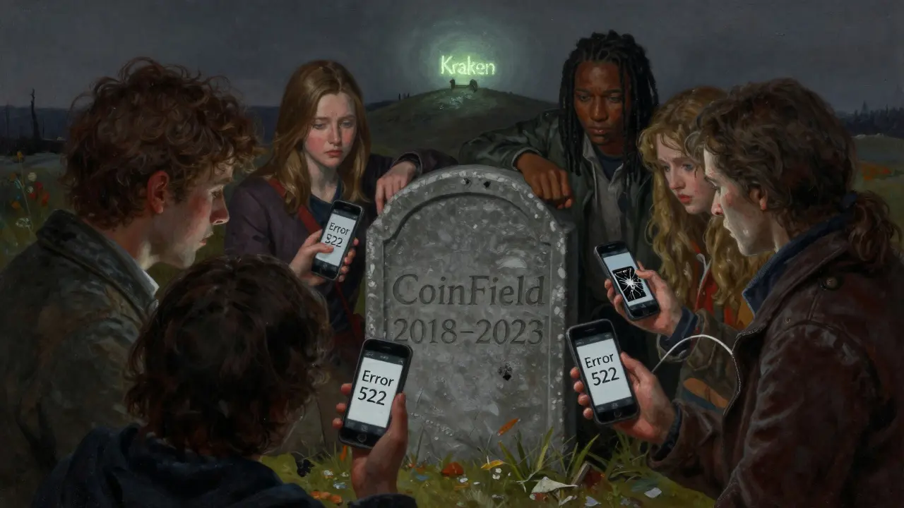 Grieving users mourn at a CoinField tombstone while a safe exchange glows in the distance.