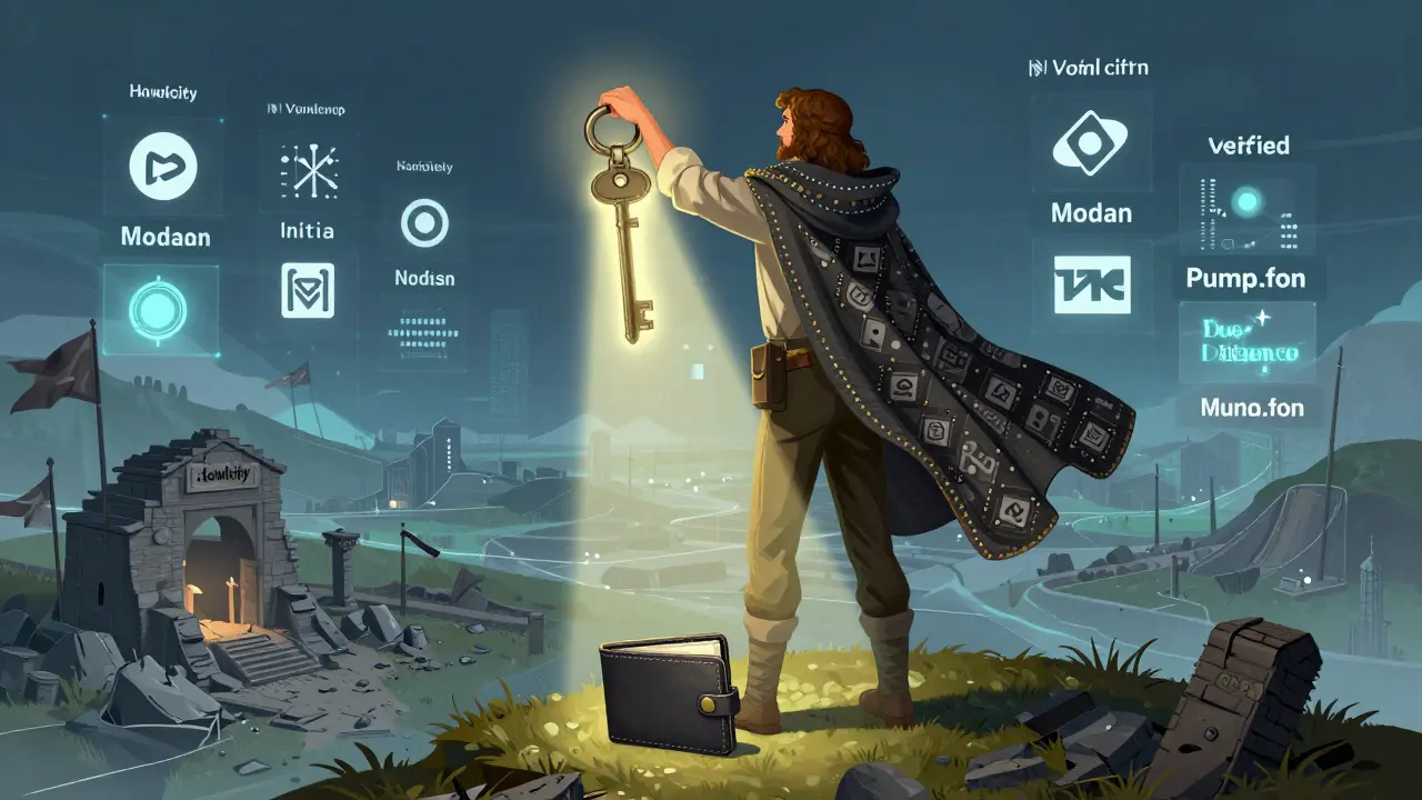 Hero on a hill holding a key labeled 'Due Diligence,' overlooking verified projects as Howlcity crumbles below.