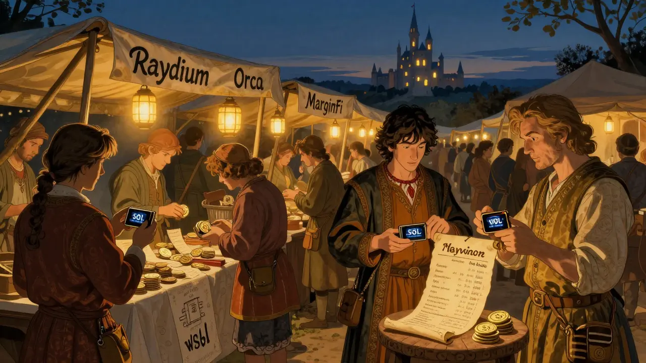 Merchants trade wSOL in a twilight marketplace, newcomers confused by dual token balances.