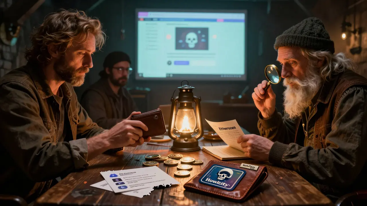 Rogues gathered around a fraudulent crypto site, one holds a real NFT in a pouch while others clutch fake tokens.