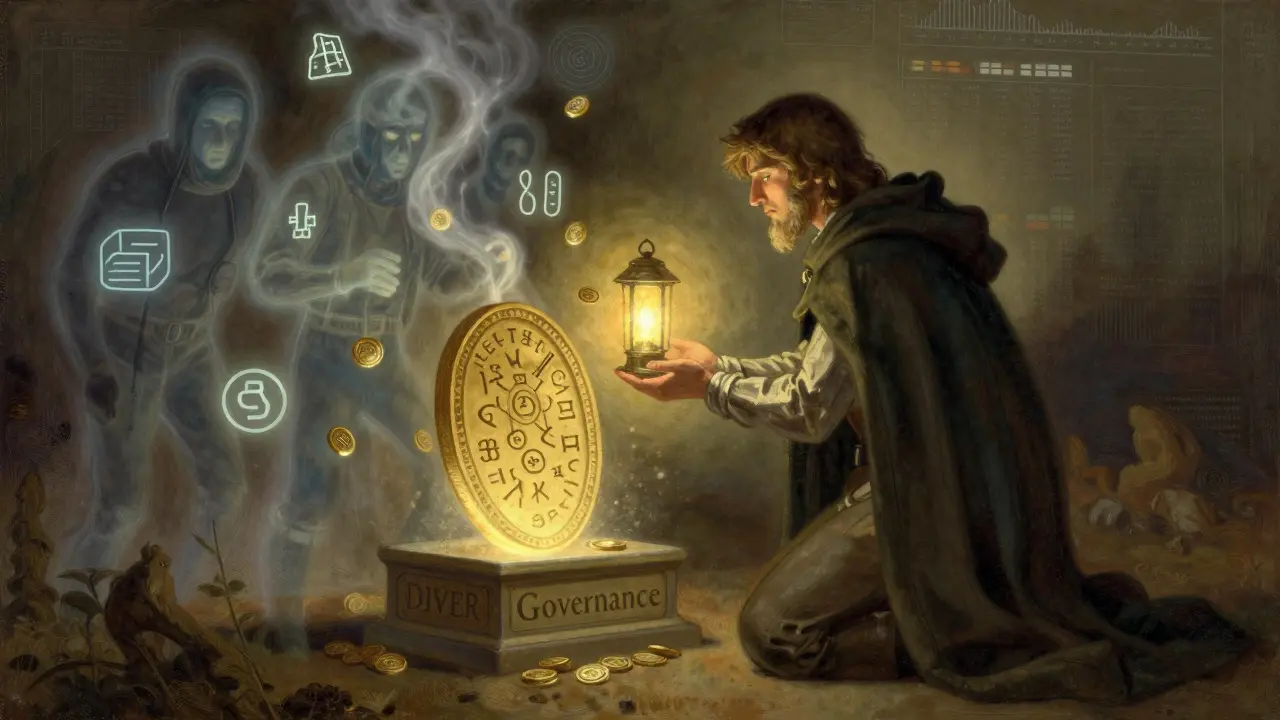 Staker offering DIVER tokens at a glowing governance altar as scam figures vanish into smoke.