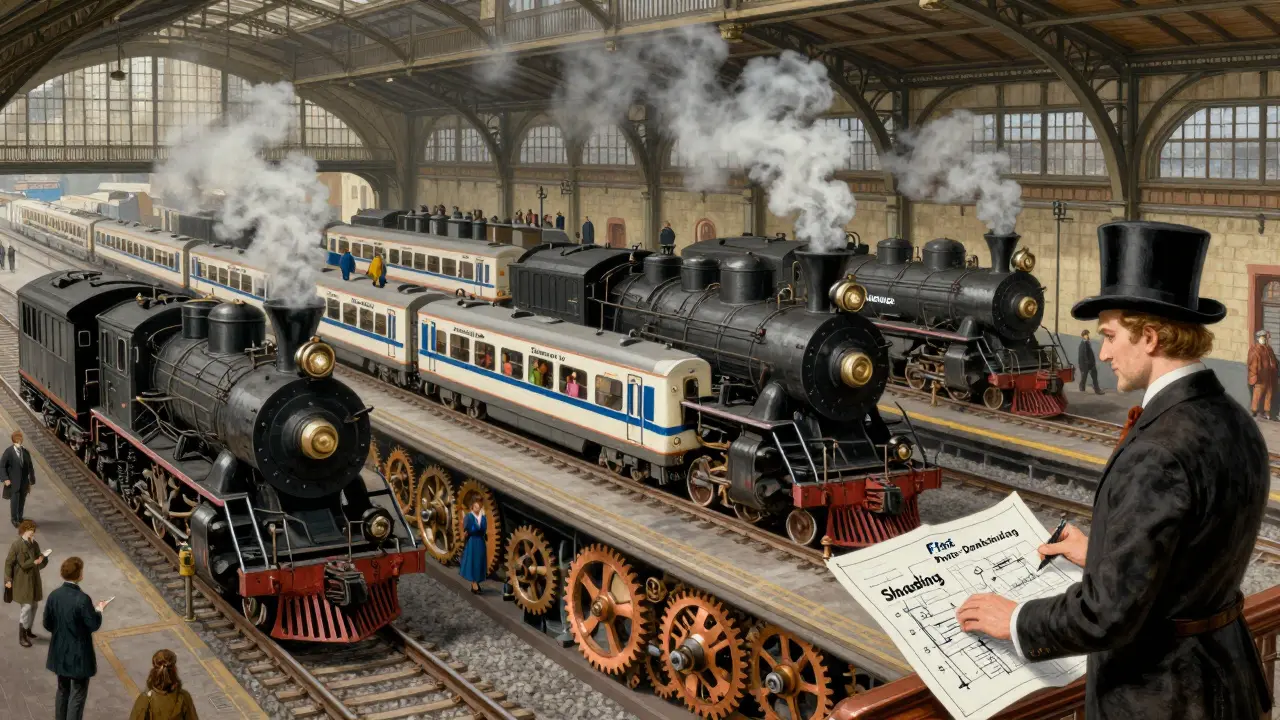 Steam-powered railroad station with trains labeled as blockchain solutions, gears turning beneath a master engineer.