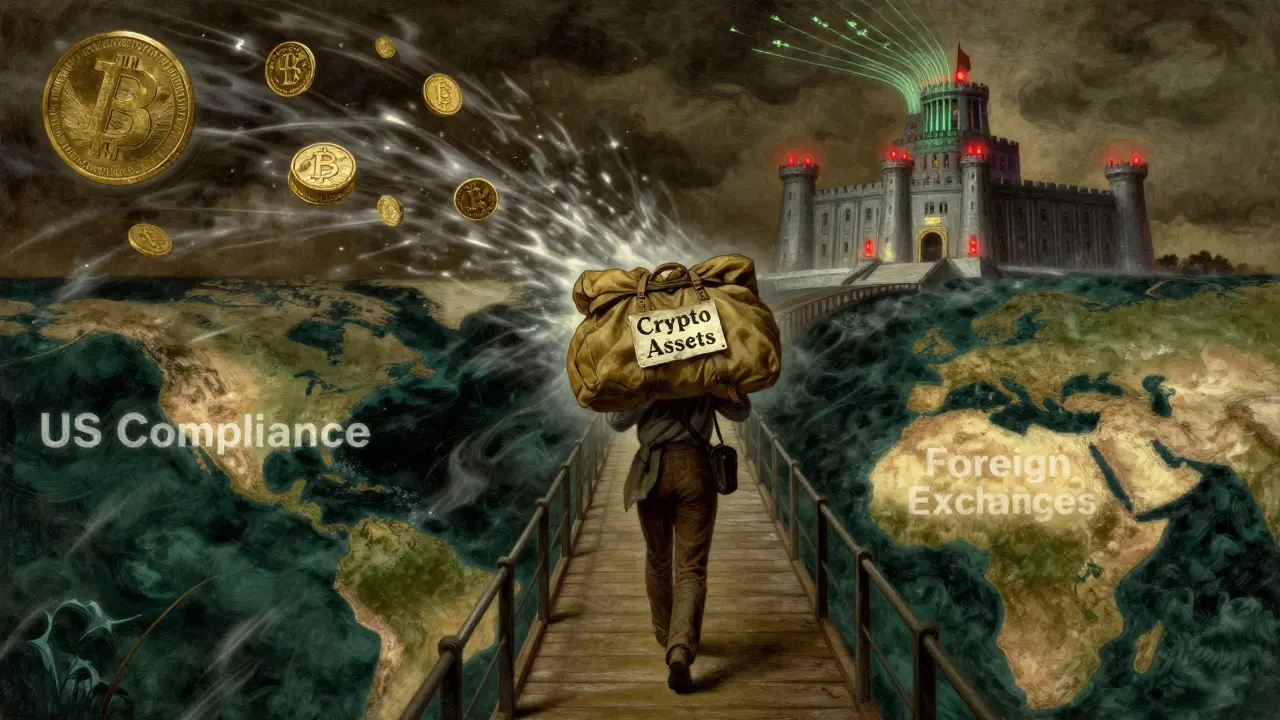 Traveler crossing bridge between US and foreign crypto exchanges under watchful IRS fortress