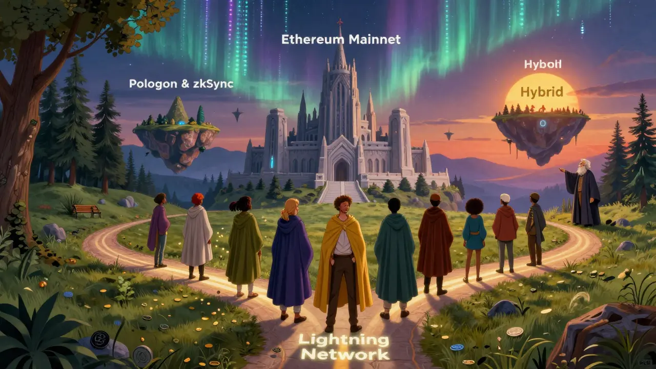 Travelers at a crossroads with three glowing paths representing different crypto scalability methods under aurora-lit sky.