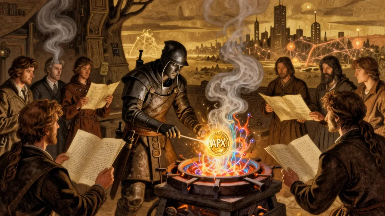 A blacksmith forges an APX token using data streams and AI neurons, surrounded by contributors.