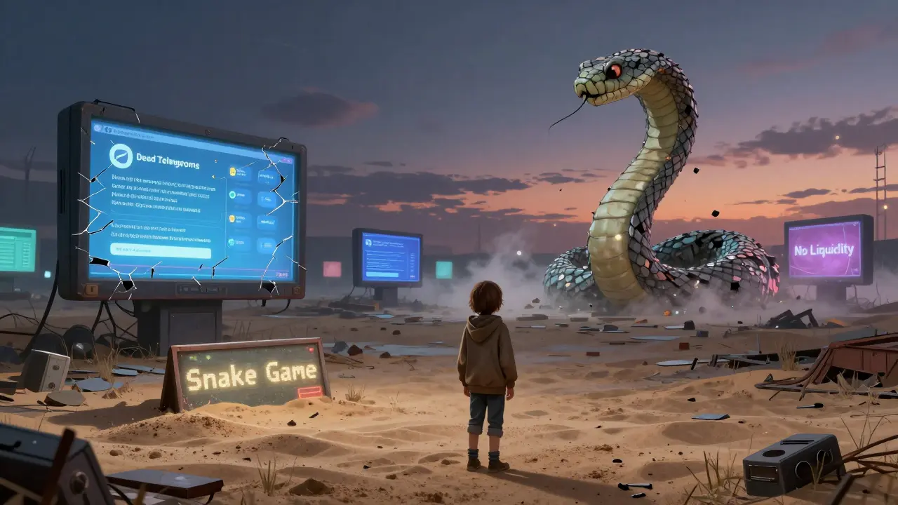 A child stands alone before a wasteland of dead crypto signs, as a serpent of blockchain fragments fades into mist.