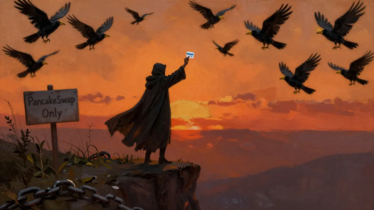 A cloaked figure holding a BART token as cartoon crows fly away at sunset, with a broken chain at their feet.