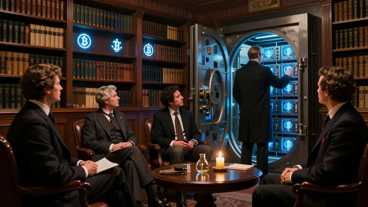 A compliance team is inspected by an MFSA official amid glowing crypto hardware and bookshelves of ledgers.