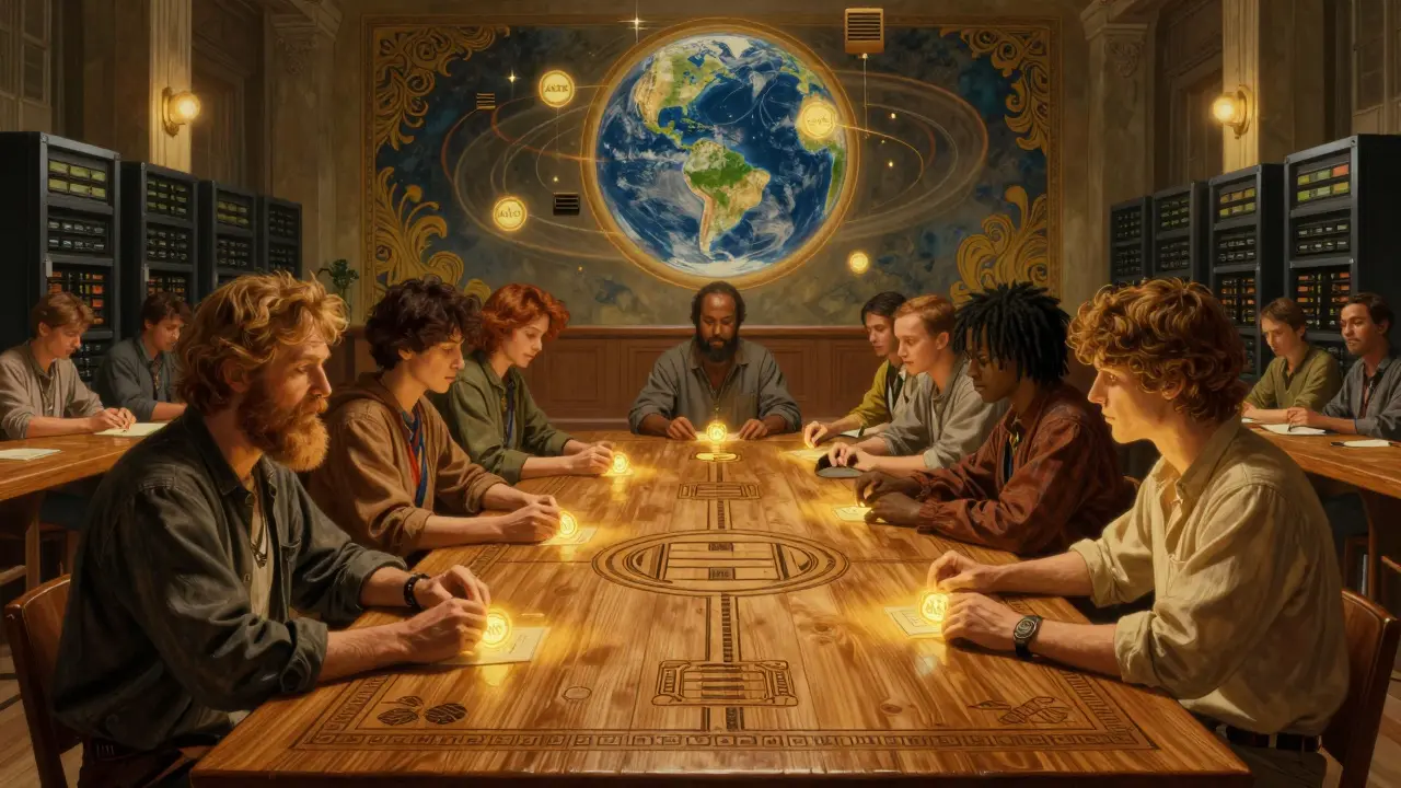 A council of providers voting with AKT tokens around a wooden table, while a mural shows Earth surrounded by orbiting servers in golden light.