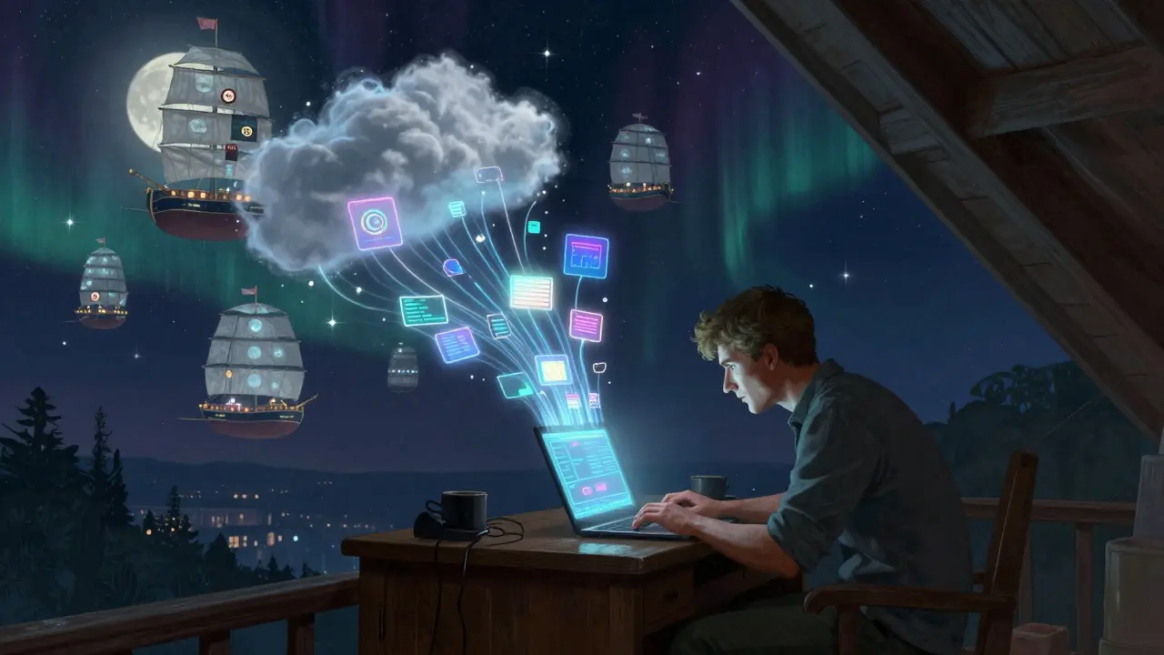 A developer in a dim attic sending AI tasks into a starry sky filled with floating data centers, illuminated by AKT energy pulses.