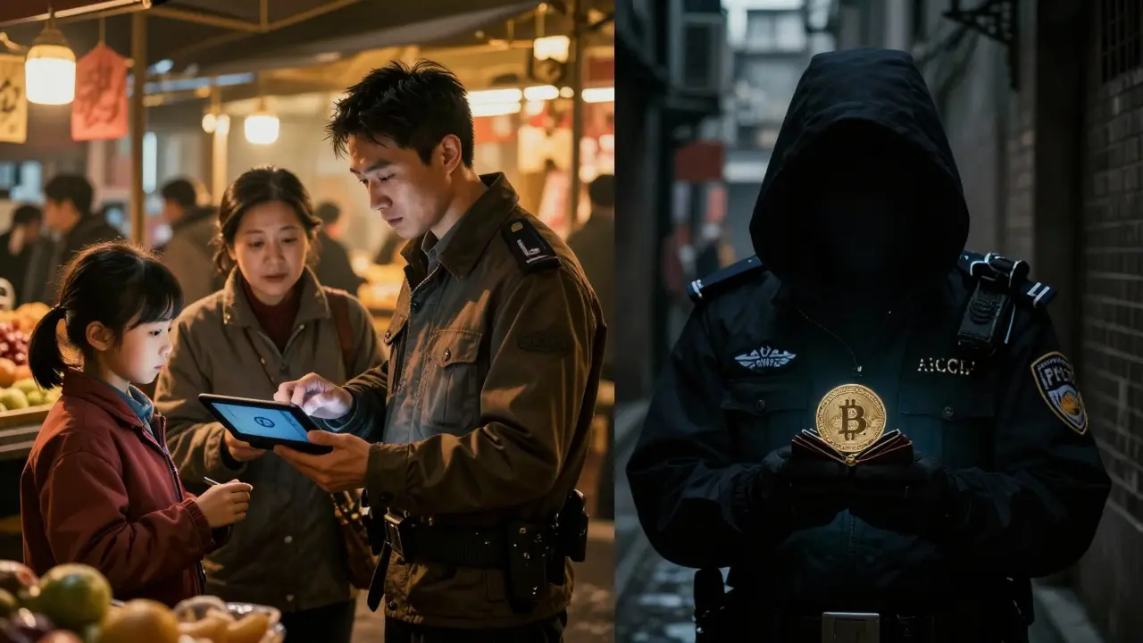 A family uses the digital yuan in a bright market while a shadowy figure hides crypto in a dark alley, with a police badge visible nearby.