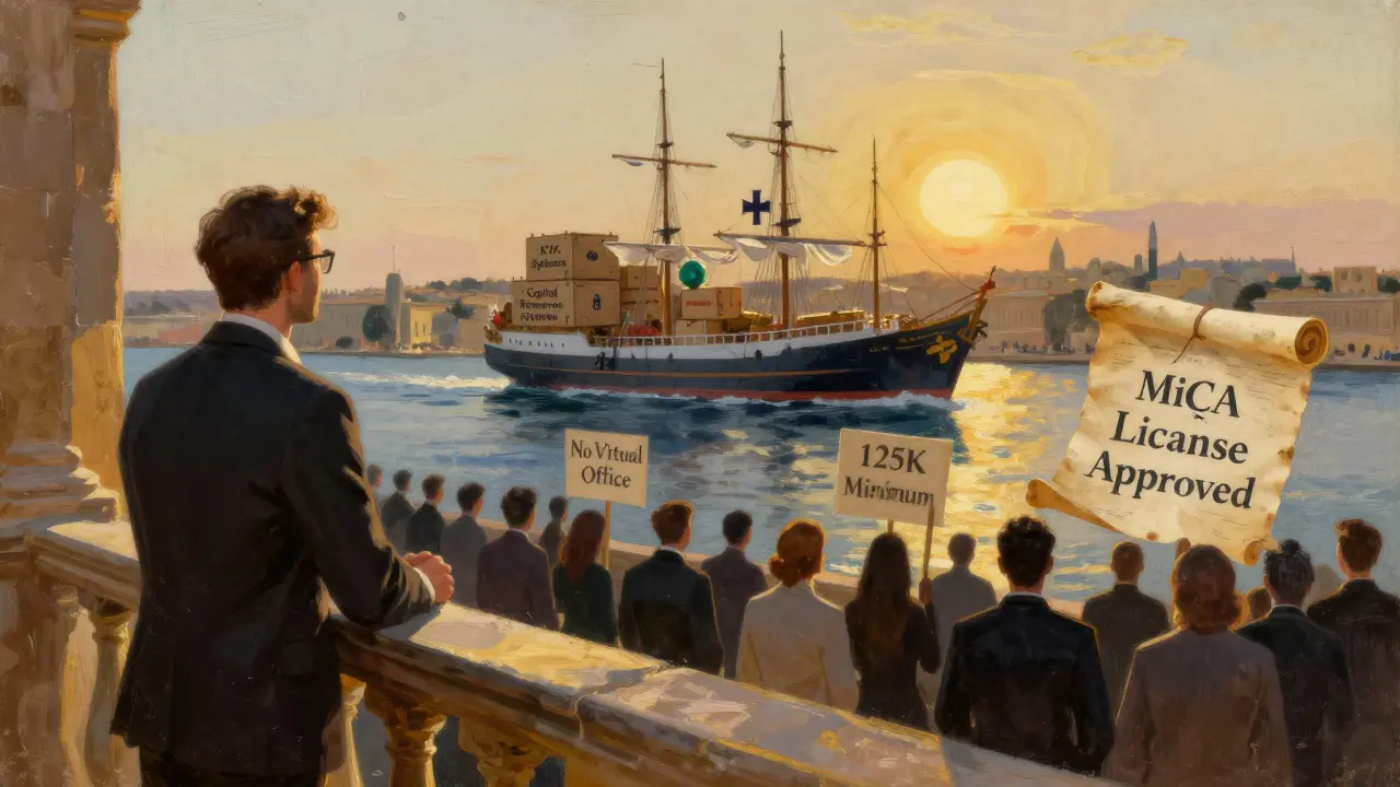 A founder watches a ship arrive with compliance supplies as shadowy figures hold signs about MiCA requirements.