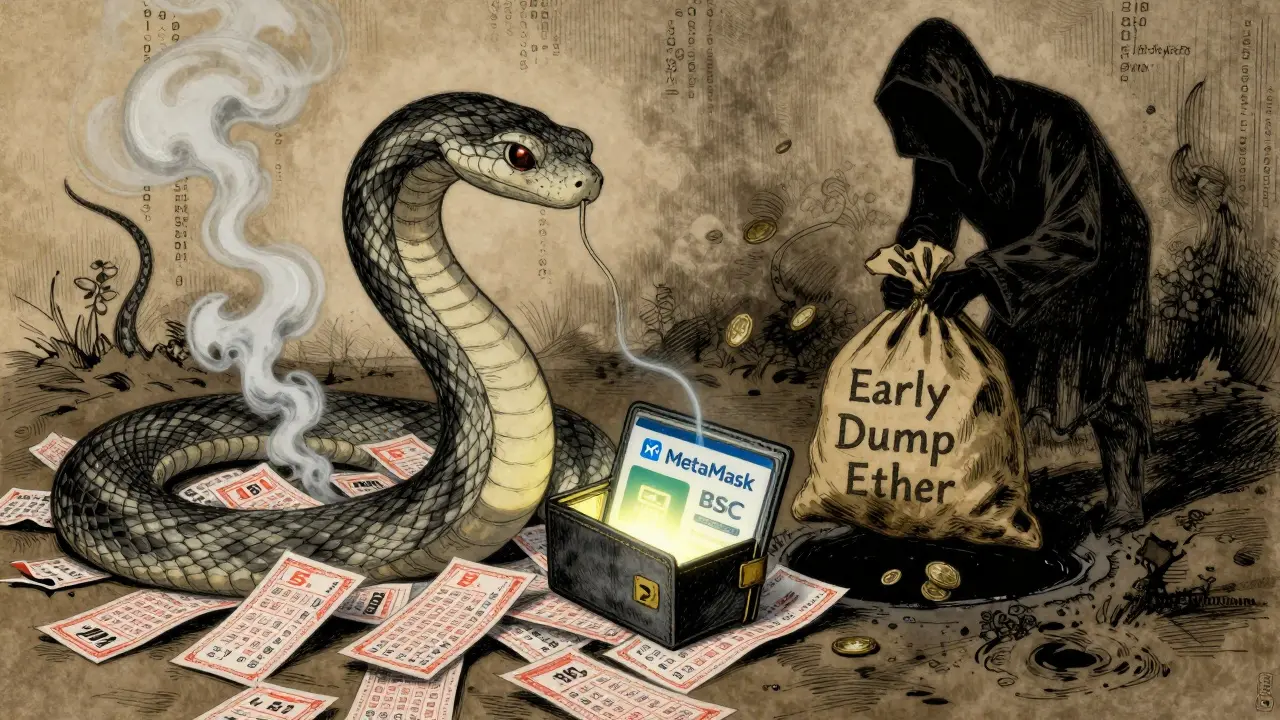 A ghostly serpent coils around discarded lottery tickets as an empty wallet drains into a black hole.