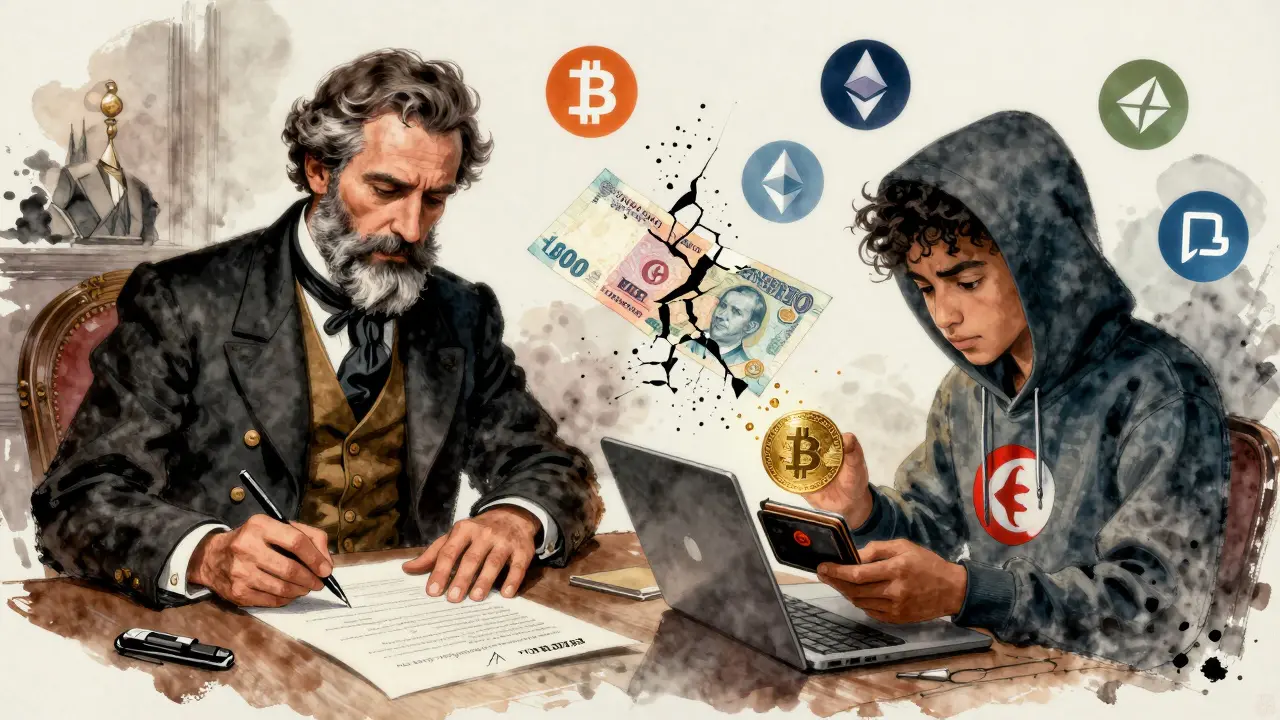 A government official bans crypto as a coder uses blockchain technology, symbolizing the conflict.