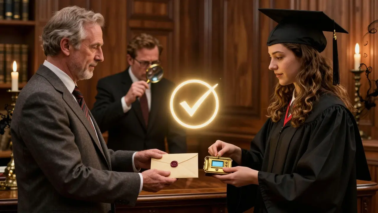 A graduate receives a verifiable credential from a professor, placing it into a brass wallet as a banker verifies it with a magnifying glass.