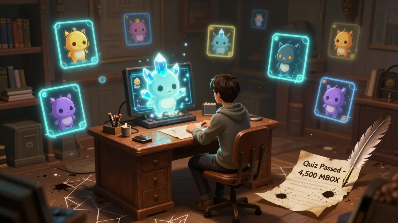 A lone player surrounded by glowing MOMO NFTs mining MEC crystals from arcade-style games, under warm study lighting.