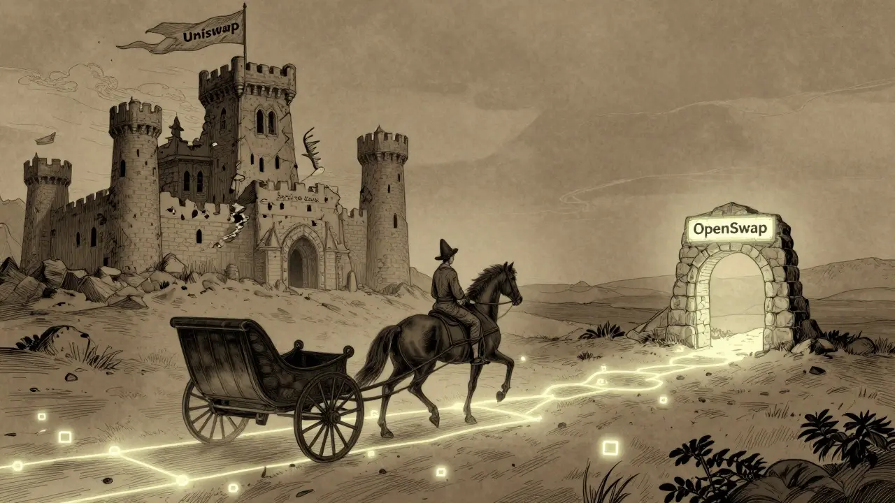 A lone rider on an Optimism chariot approaching a quiet OpenSwap archway, with fading fee-based exchanges in the background.