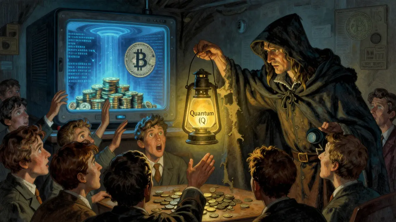 A mysterious figure lures investors with a false 'Quantum (Q)' lantern as a quantum computer cracks Bitcoin encryption in shadow.