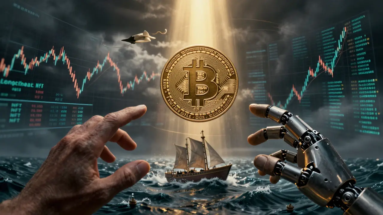 A PPCOIN token floats amid swirling economic data, with human and mechanical hands reaching for it under dramatic golden light.