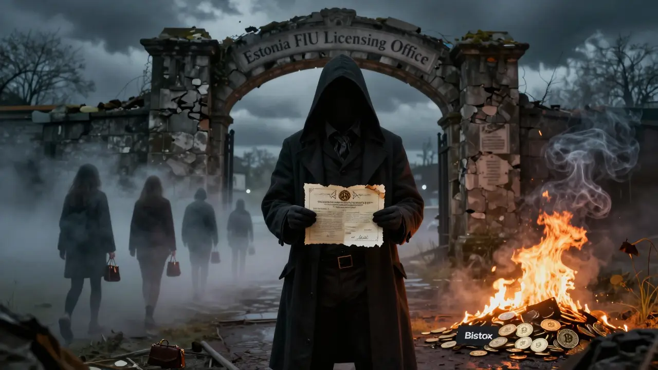 A shadowy figure burning a revoked crypto license as users vanish into fog under a stormy sky.