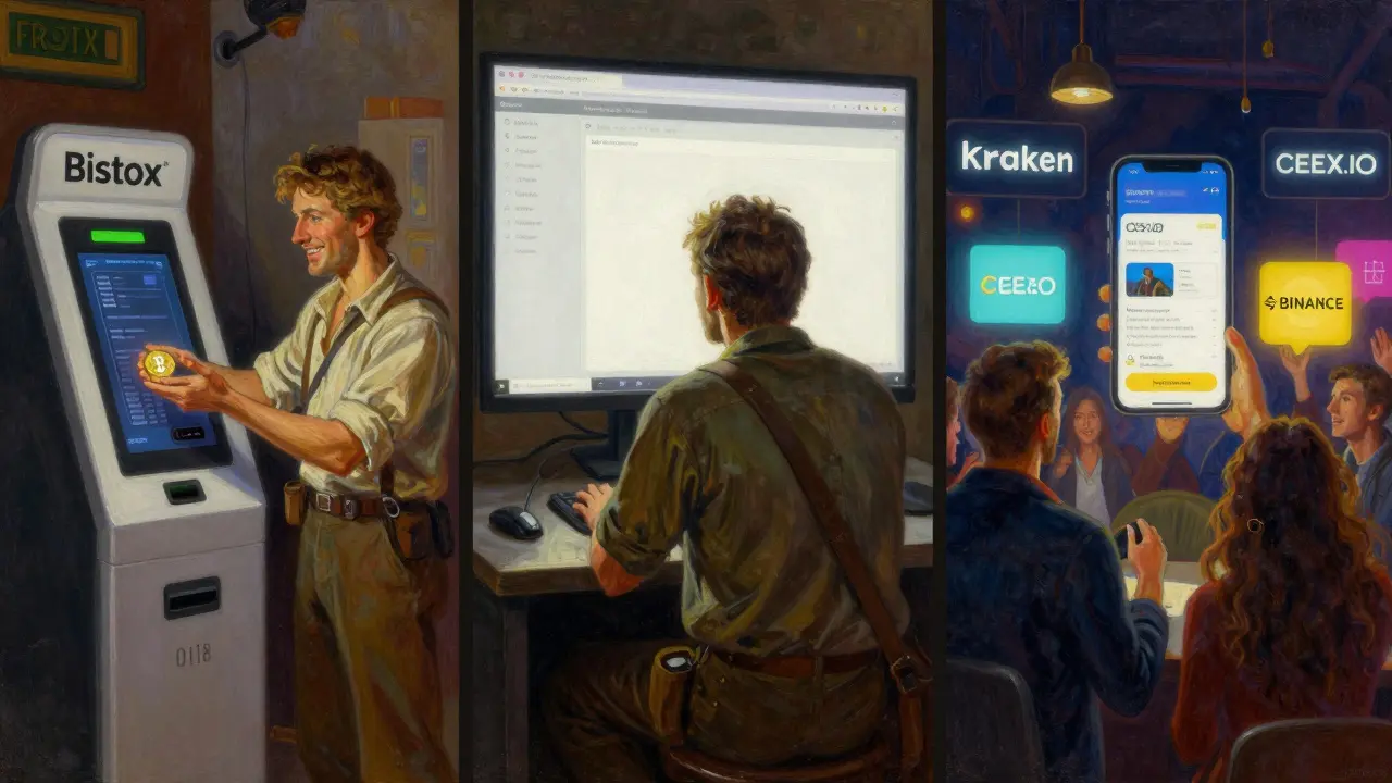 A three-panel mural contrasting Bistox's decline with thriving modern crypto exchanges.