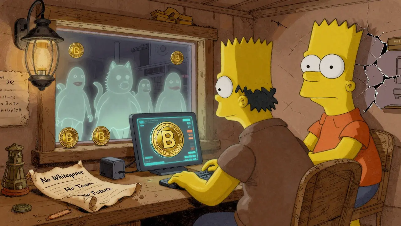A trader in a dim room surrounded by warnings about BART coin, with ghostly crypto coins fading in the distance.