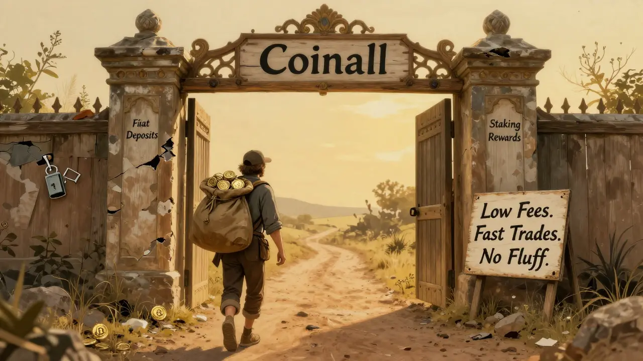 A traveler approaching a simple open gate labeled 'Coinall' while passing locked gates labeled 'Fiat' and 'Staking'.