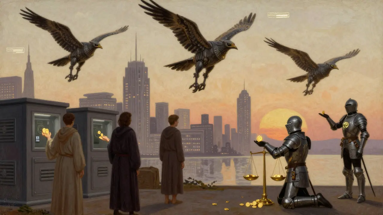AI agents on mechanical falcons manage Solana blockchain transactions over a futuristic city, rendered in heroic 19th-century illustration style.