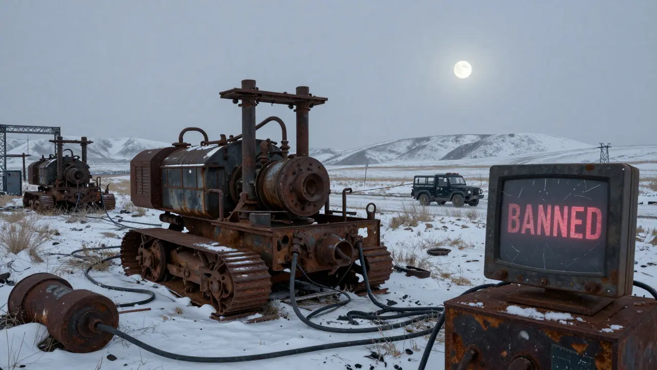 An abandoned crypto mining facility in snow-covered Inner Mongolia, with broken rigs and a fading 'BANNED' message on a cracked monitor.