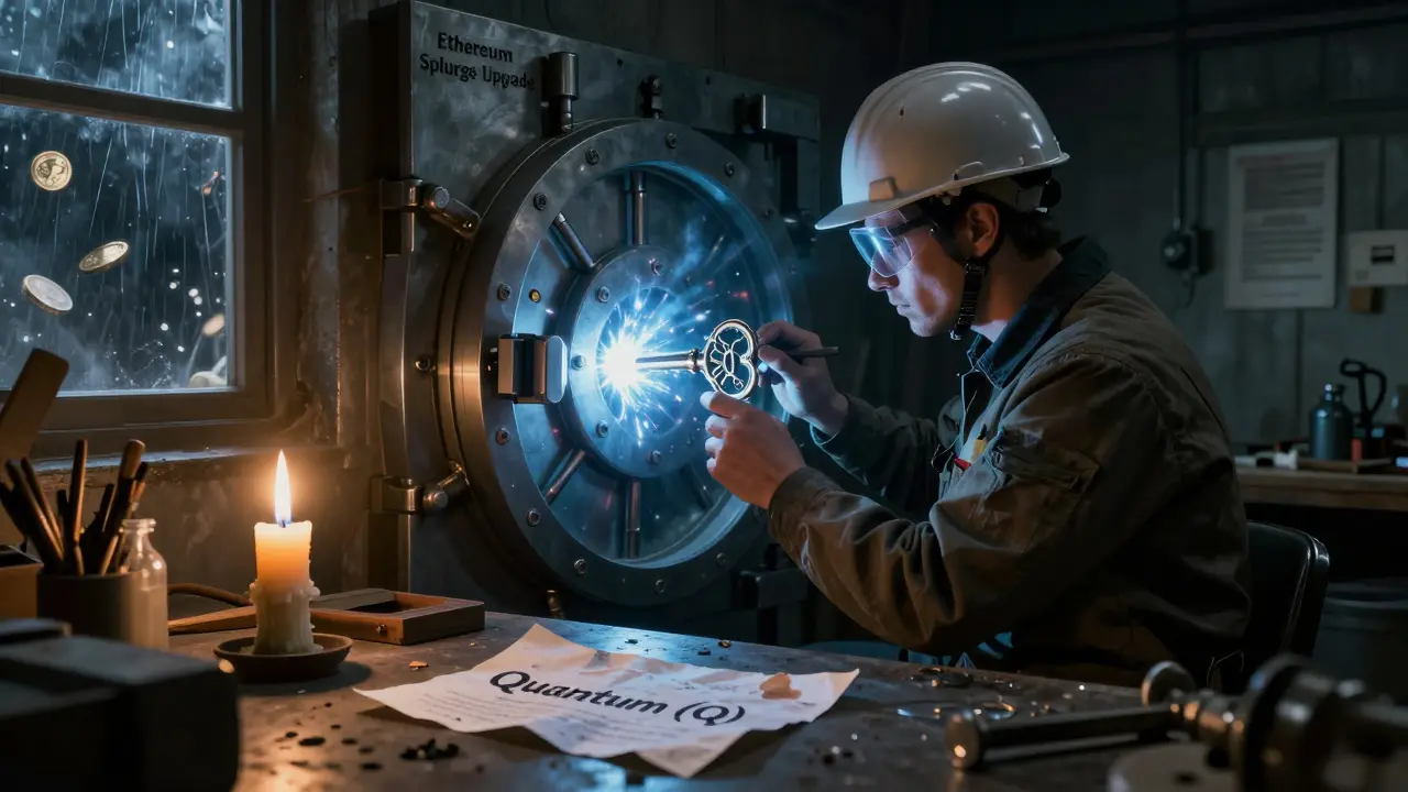 An engineer builds quantum-resistant security while a discarded 'Quantum (Q)' token lies forgotten on a workbench.