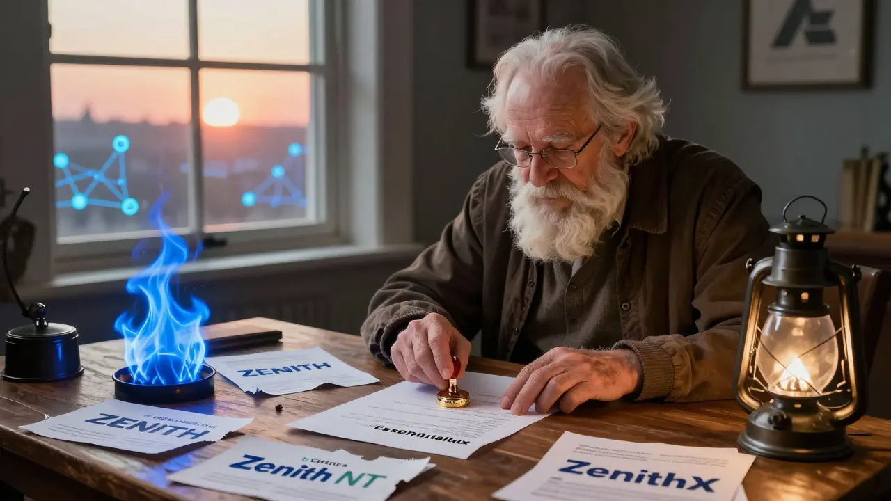 An old cryptographer places an audit seal on legitimate projects while fake Zenith flyers burn at his feet under a lantern.