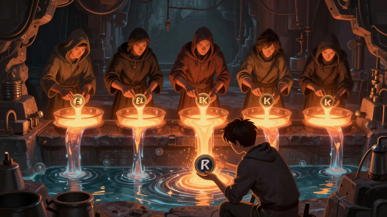Artisans casting ELK tokens into liquidity reservoirs beneath five blockchain realms in a digital forge.