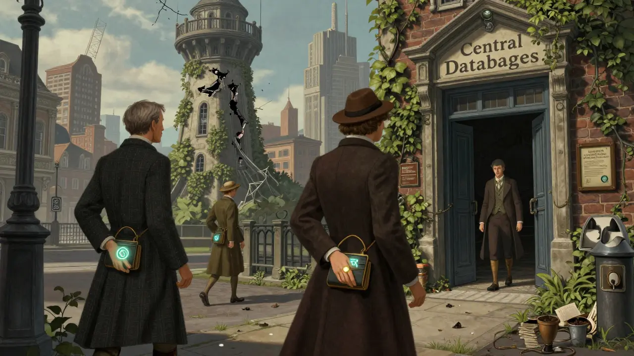 Citizens in a Victorian-futuristic city use glowing sigils to prove identity at checkpoints, while crumbling central databases decay behind them.