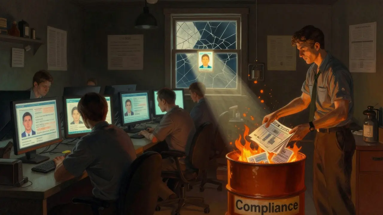 Clerks ignore blurry IDs in a dim room as authentic documents glow in a single beam of light.