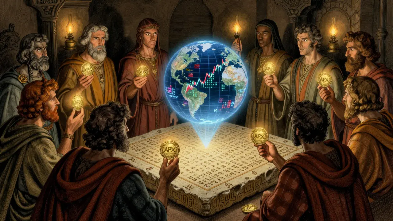 Diverse figures vote around a stone tablet inscribed with blockchain glyphs and floating predictions.