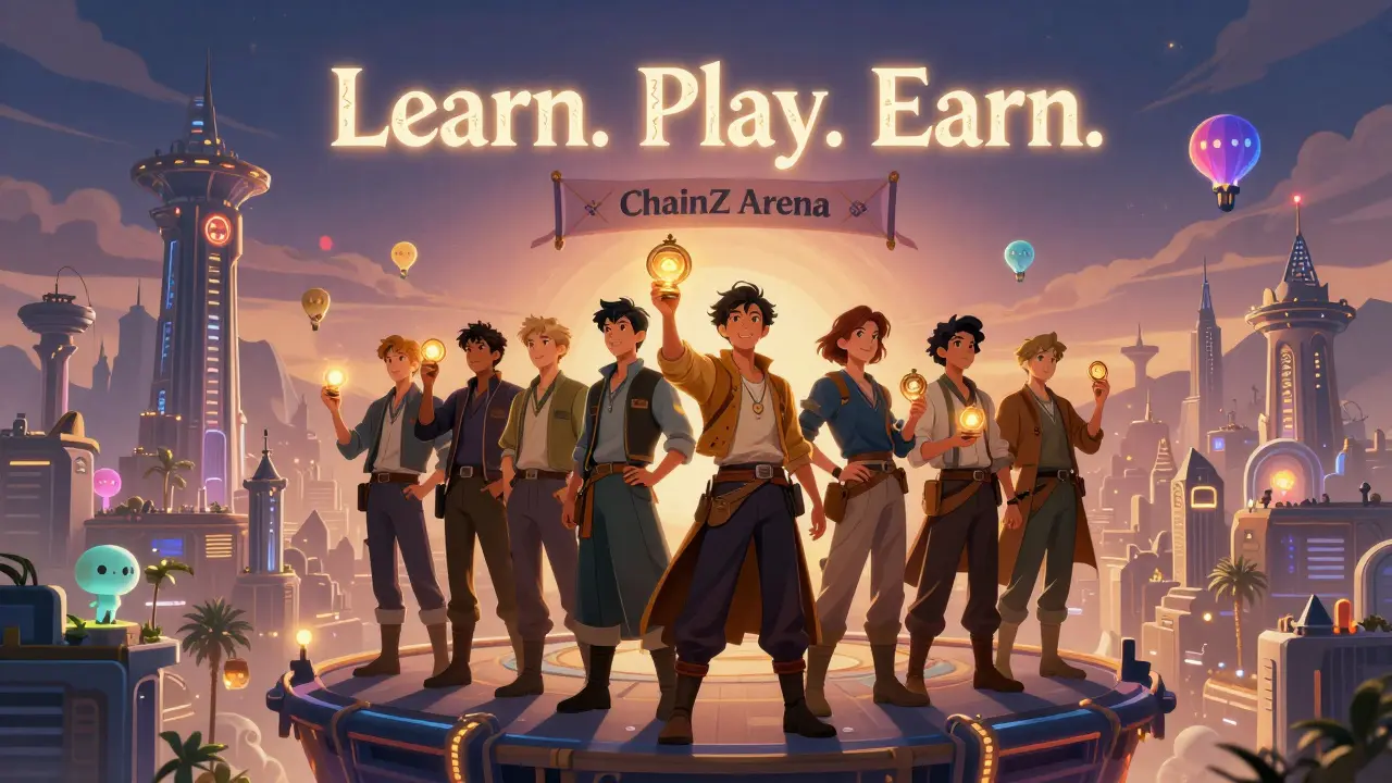 Early MOBOX community members standing on a floating platform above a GameFi metropolis, holding glowing MBOX tokens.