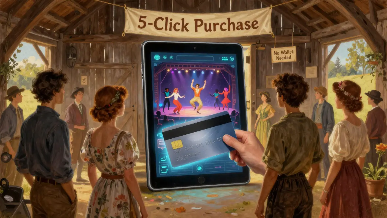 Fans in a rustic barn unlock a metaverse concert with one credit card click, no crypto wallet needed.