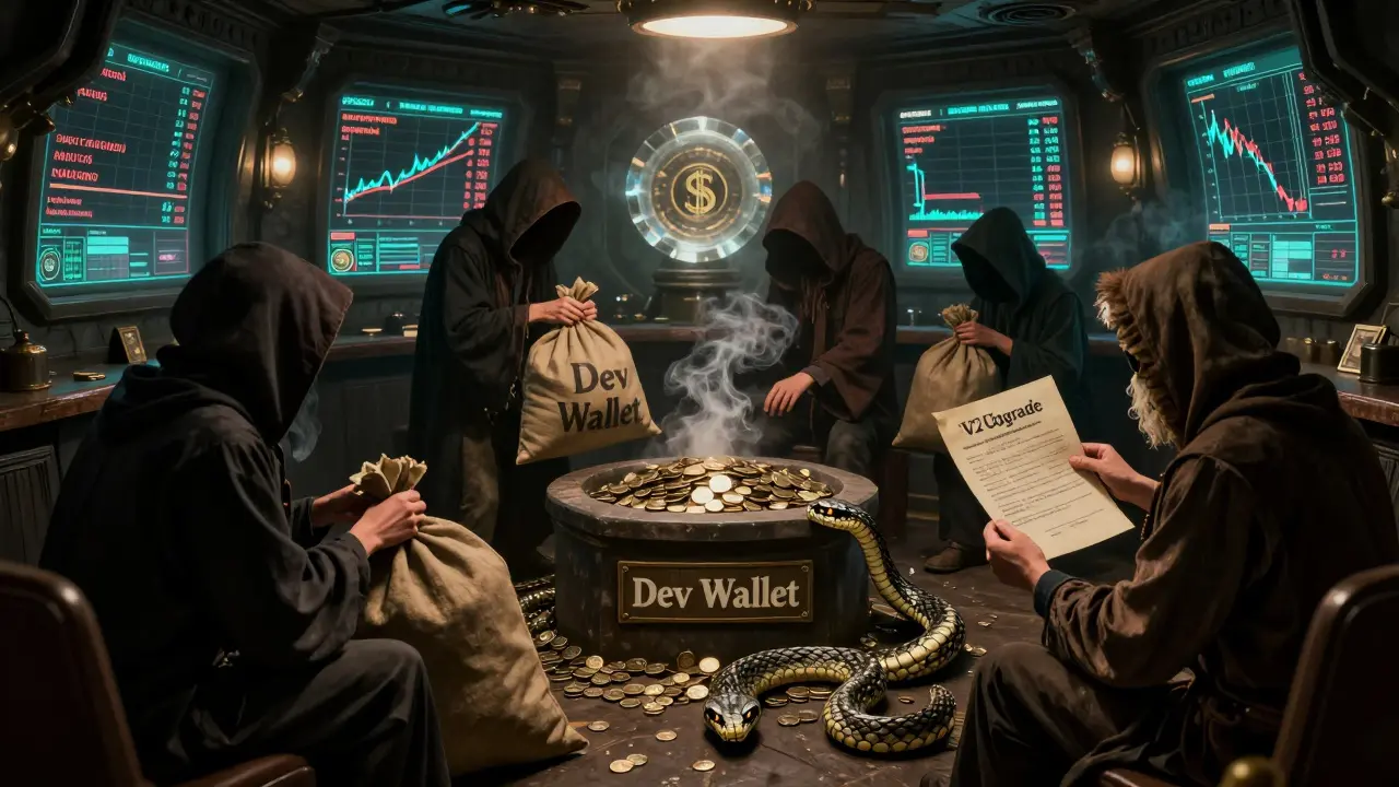 Gamblers in a shadowy den watch wild price charts as hooded figures dump tokens into a dev wallet pit.