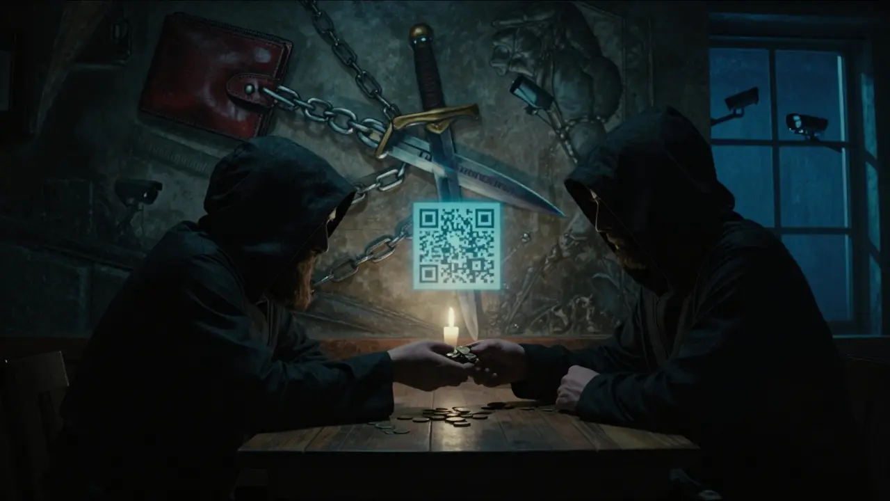 Hidden figure exchanging coins in a crypt, with a mural of severed wallet chains and glowing QR code.