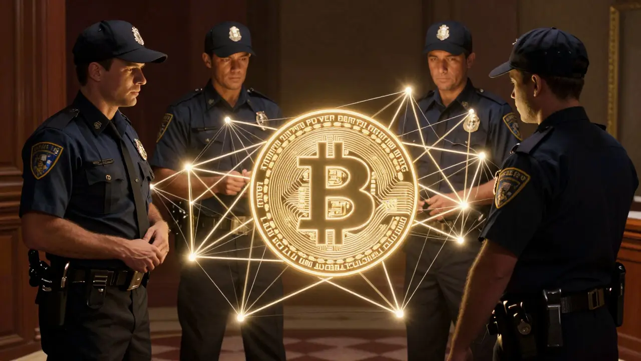 Officers examining glowing abstract Bitcoin transaction network