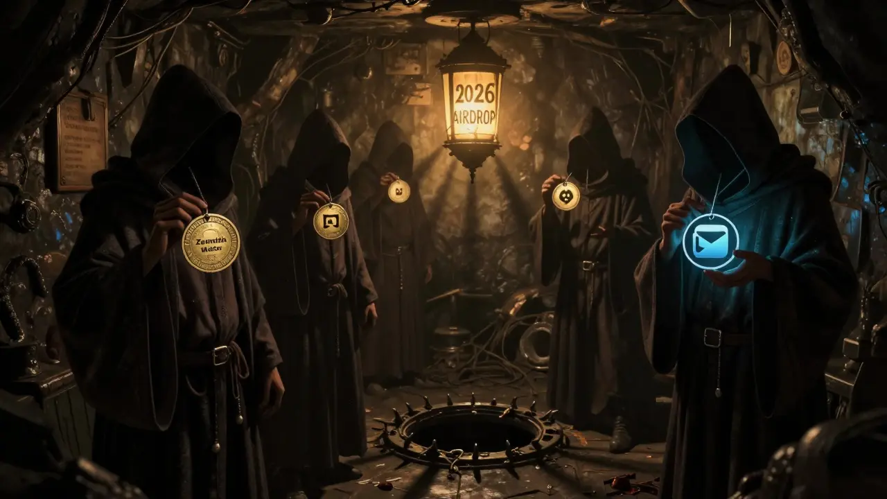Shadowy figures in a dim den hold fake Zenith tokens under a lantern labeled '2026 AIRDROP', with trapdoors glowing ominously.