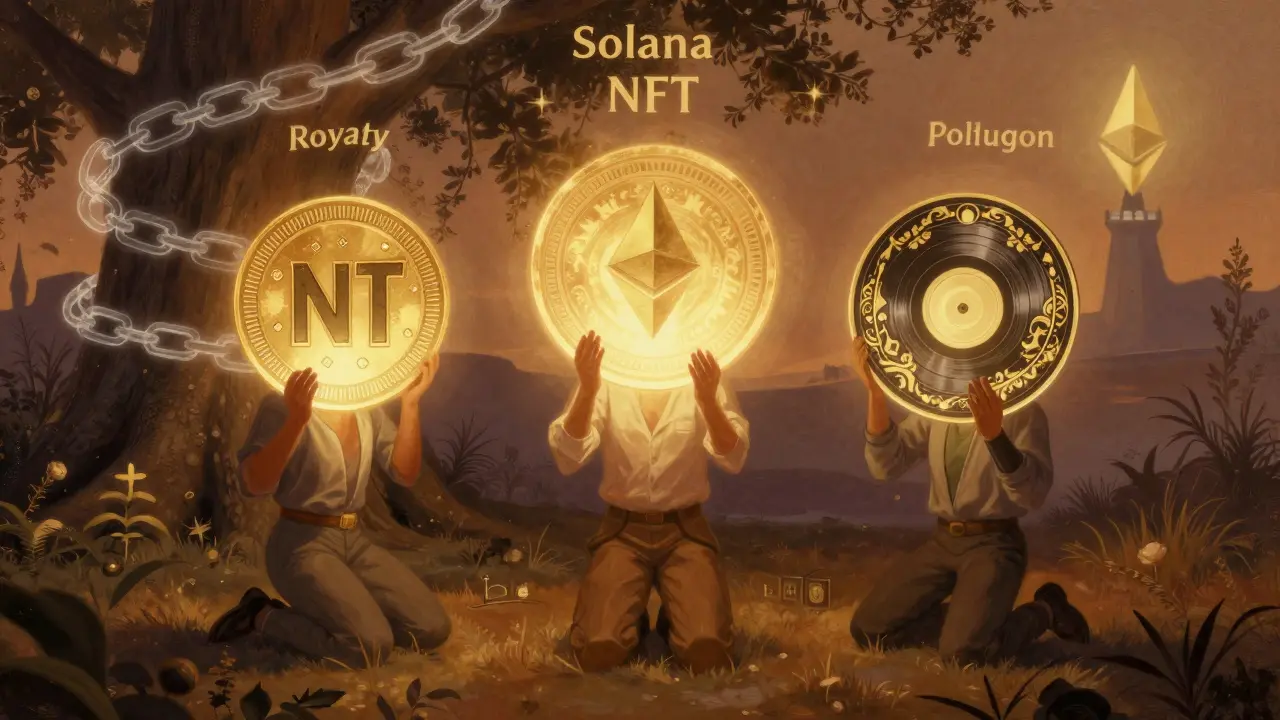 Three types of music NFTs float before fans, surrounded by blockchain symbols and a distant Ethereum spire.