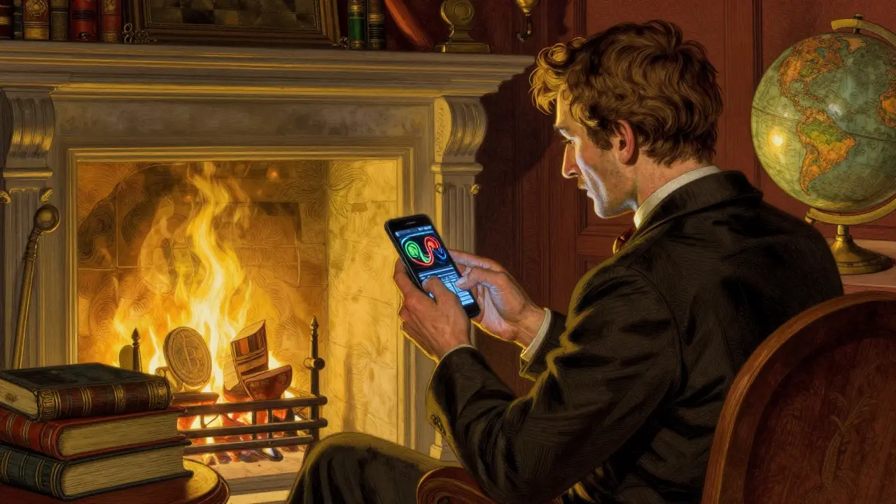 Trader using smartphone displaying crypto charts in study room