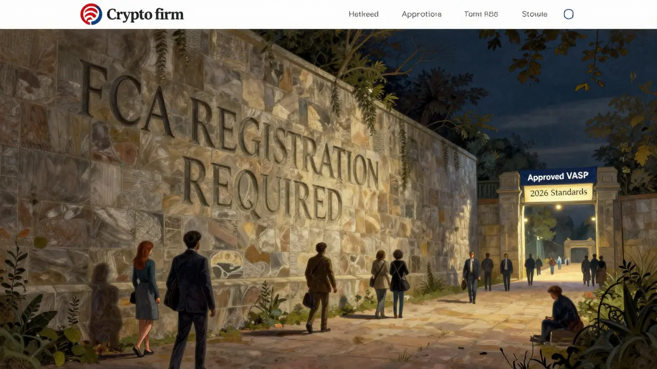 A blocked crypto website contrasts with a glowing approved path, symbolizing FCA registration requirements.