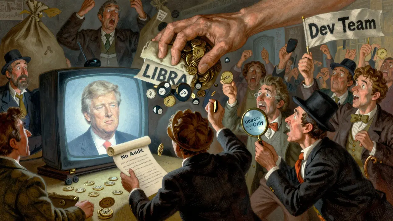 A chaotic crowd buys a token after a politician's TV appearance, while an invisible hand dumps tokens, causing a market crash.