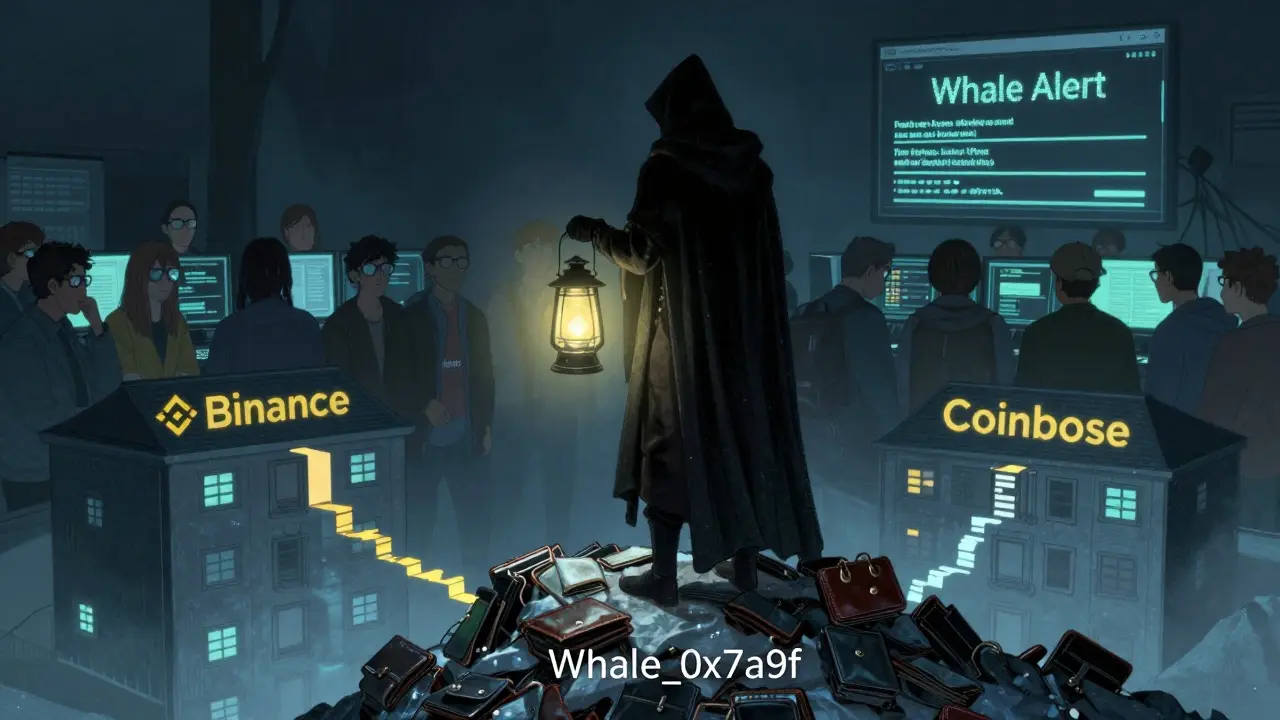 A cloaked whale figure illuminating transaction paths away from exchanges with a lantern labeled Nansen.ai.