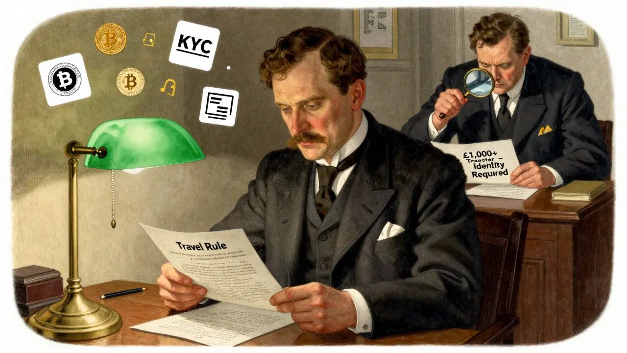 A compliance officer reviews crypto transaction records under a lamp as an FCA inspector observes closely.