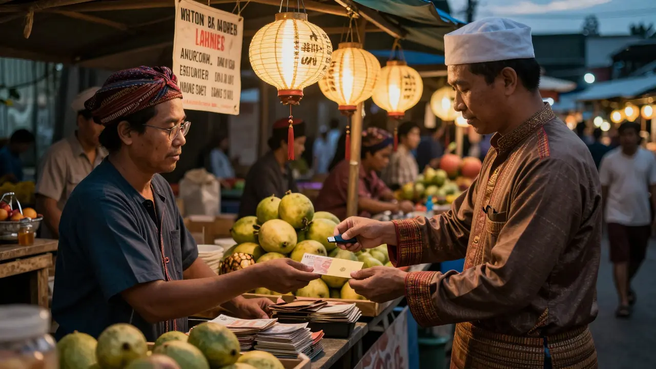 A covert P2P crypto trade takes place in a market, with cash exchanged for a USB drive under lantern light.