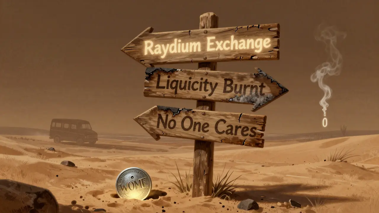 A cracked signpost in a desert pointing to forgotten crypto terms, with a single WOME token half-buried in sand.