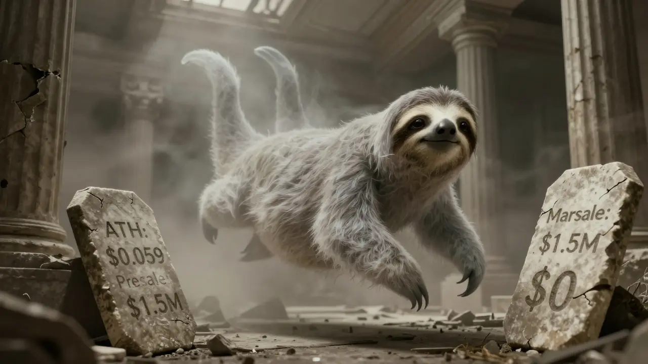 A ghostly sloth drifts through a ruined blockchain temple with faded price inscriptions on stone tablets.